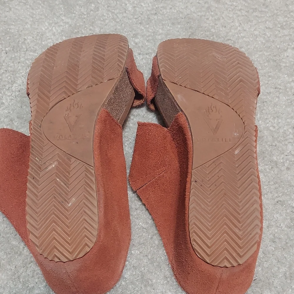 Volatile Evita Whiskey Cognac Leather Double-Strap Espadrille Wedge Sandals Sz 8